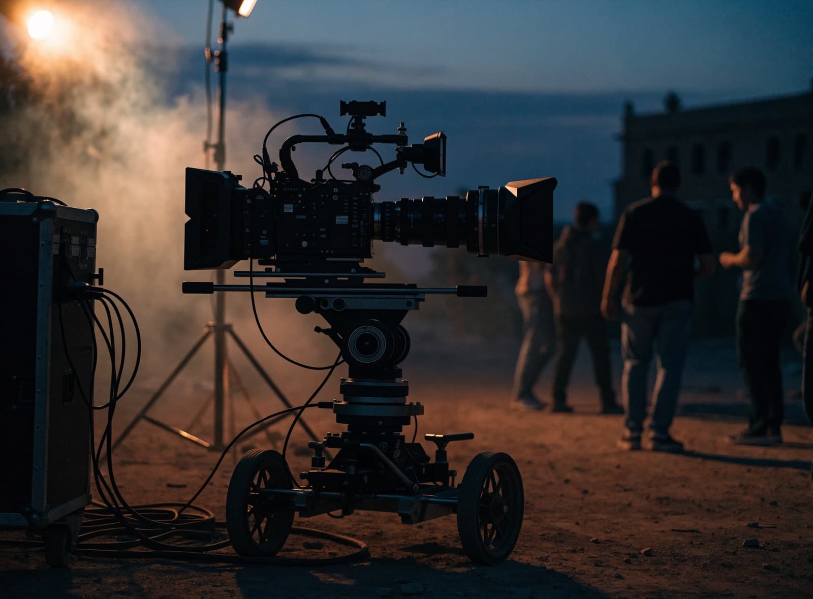 Generated film set still: cinema camera, tungsten lights and haze