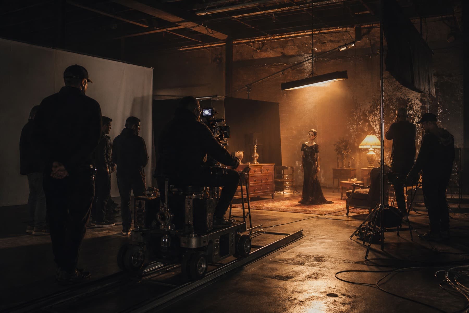 Generated still of a film set with tungsten light and haze